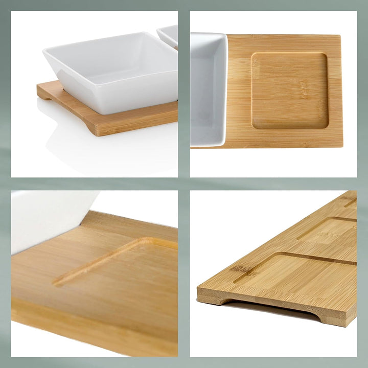kela Servierschalen Set 4tlg PHILIPA, Porzellan Snackschalen mit Bambus Servierplatte, eckig, Dipsch