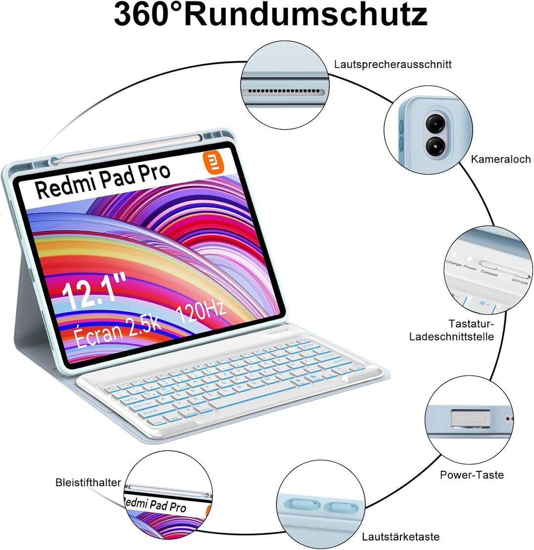 Xiaomi Redmi Pad Pro 12.1 Tastatur Hülle - Xiaomi Pad Poco 12.1 Zoll 2024, 7 Farben Beleuchtung Magn
