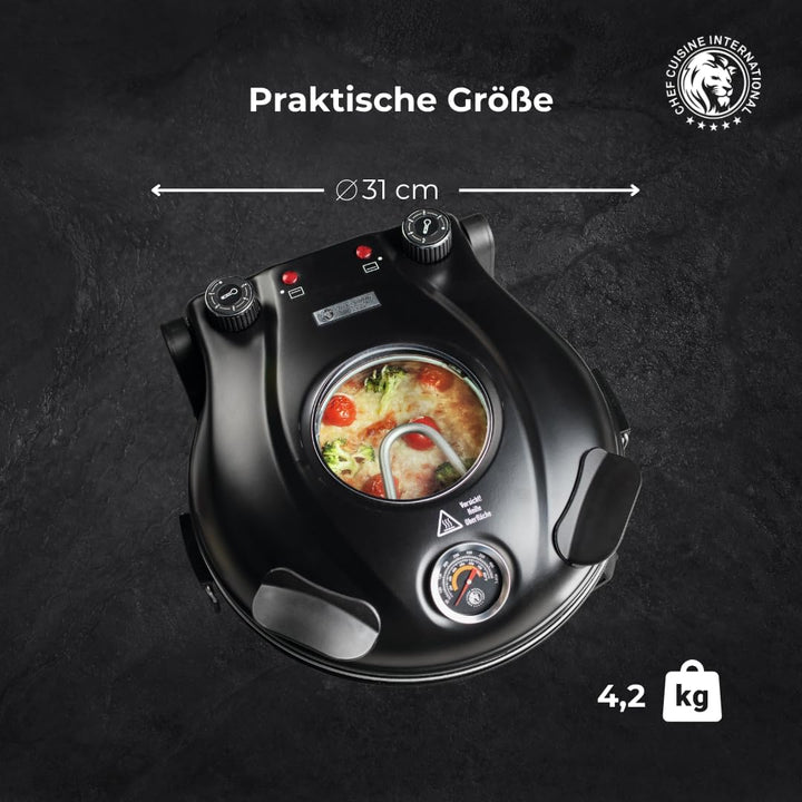 CHEF CUISINE Pizza Maker mit Keramikstein Ø 31 cm – Elektrischer Pizzaofen mit 1.200 Watt, Sichtfens