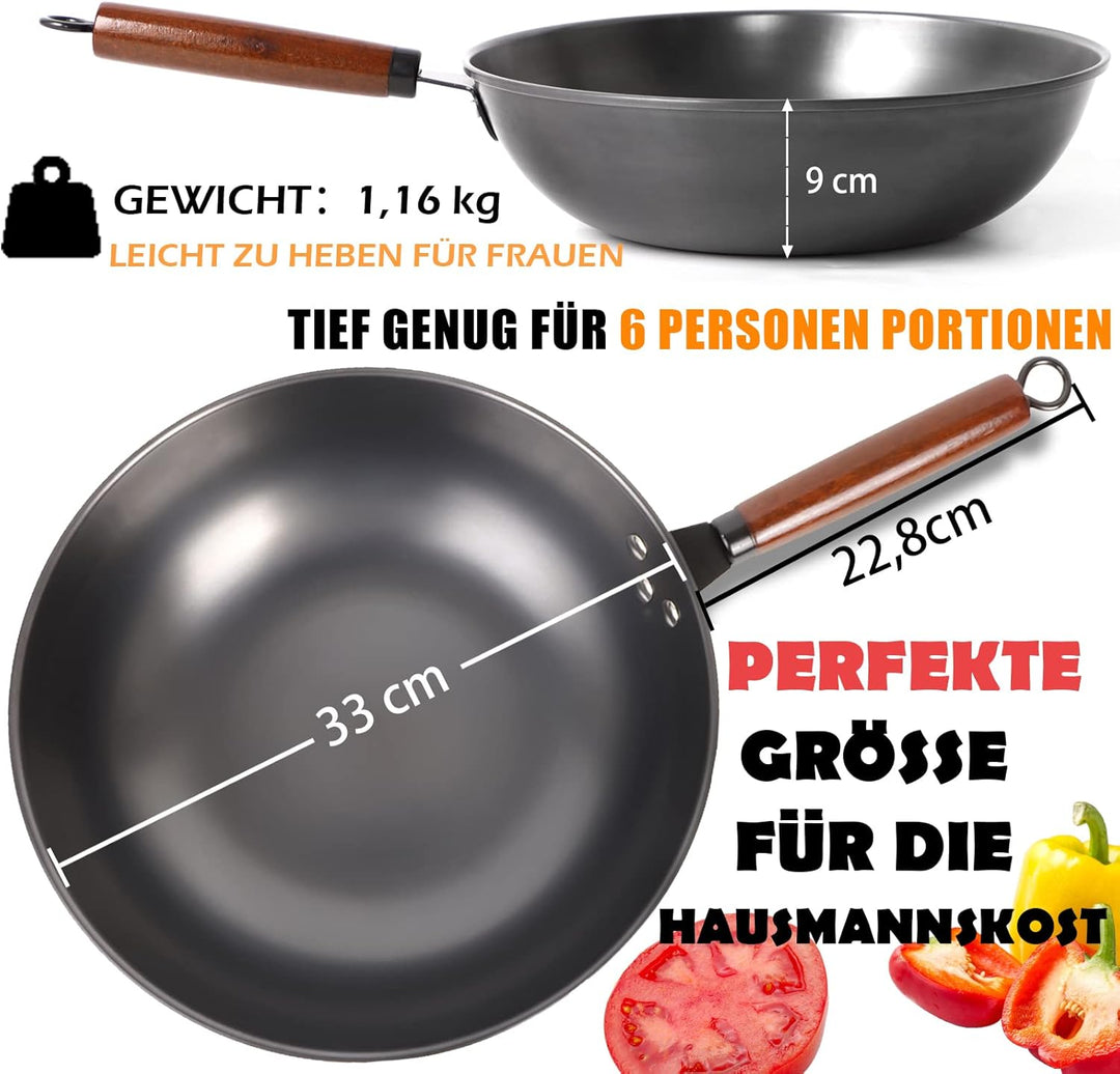 Wokpfanne mit Deckel, 33cm Wok Pfanne aus Karbonstahl zum Rühren und Braten mit Holzspatel, Wok aus