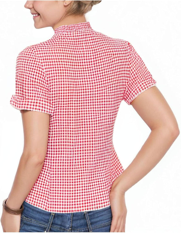 Trachtenbluse Damen Modern Karierte Bluse Oktoberfest Outfit Elegant Kurzarm Landhausmode Shirt Spit