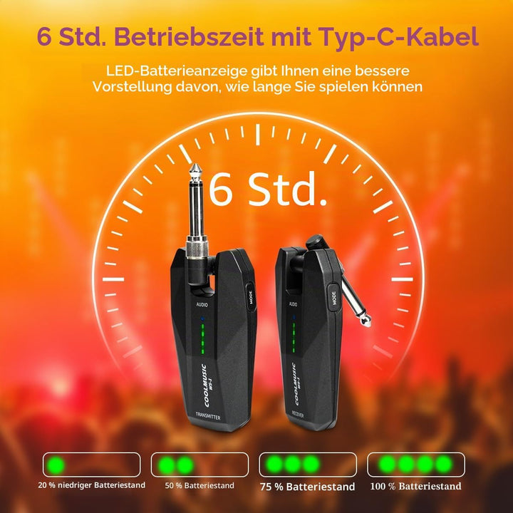Coolmusic WS1 Kabelloses Stereo-Gitarrensystem 5,8 GHz mit 1/4-Zoll- und 1/8-Zoll-Instrumentenstecke