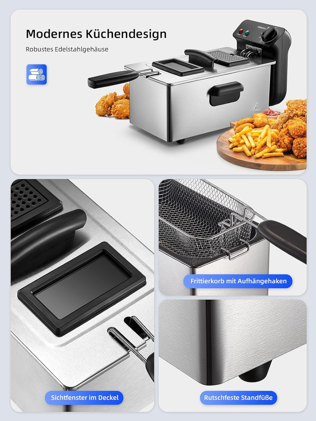 Fritteuse 3 Liter, Cool Zone Technologie, Verstellbarer Thermostat bis 190°C, 2000W Kaltzonenfritteu