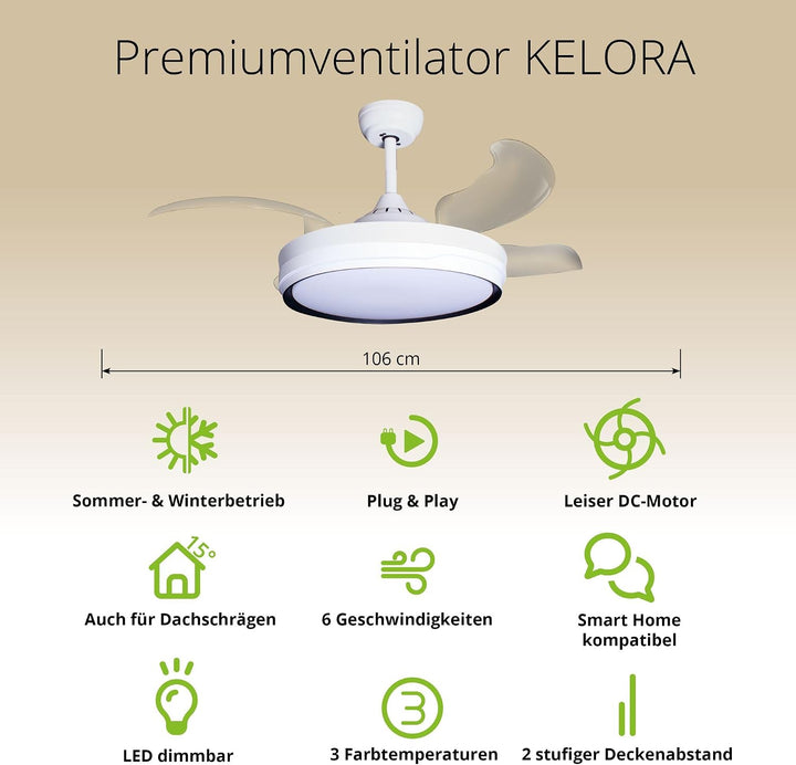 Eclipse Deckenventilator mit Beleuchtung, Leise mit 6 Windstufen, App | Fernbedienung, Sommer und Wi