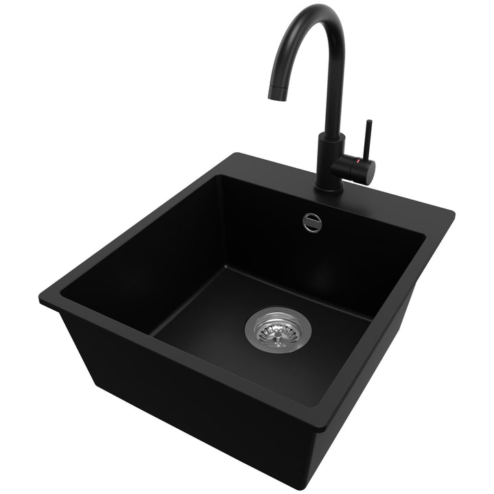 PRIMAGRAN Granitspüle Schwarz 43x50cm, Spülbecken 1 Becken + Küchenarmatur 32x20cm + Ablauf-Set, Küc