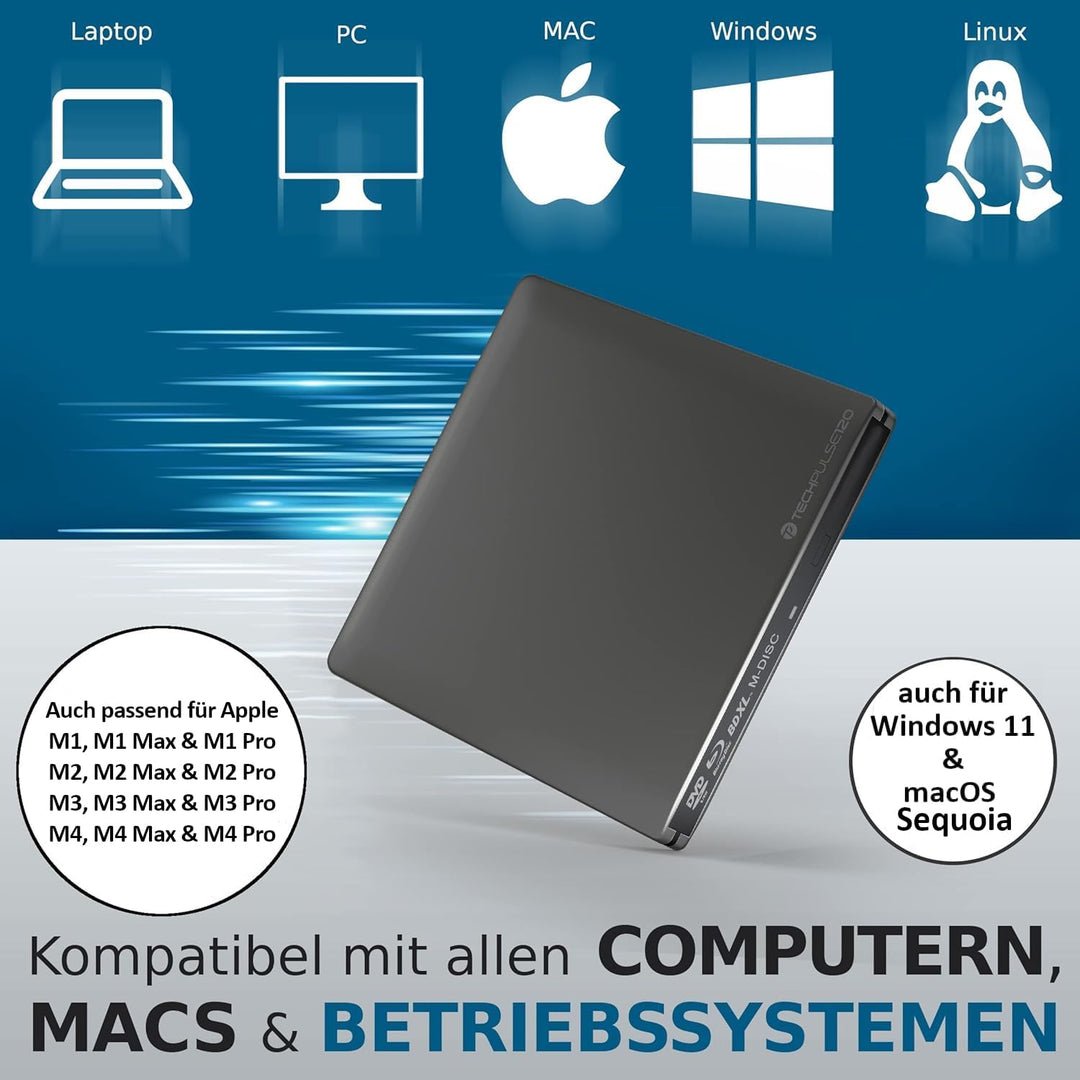 techPulse120 USB 3.1 Typ-C externer M-Disc BDXL Blu-ray Brenner Player Superdrive Laufwerk BD DVD CD
