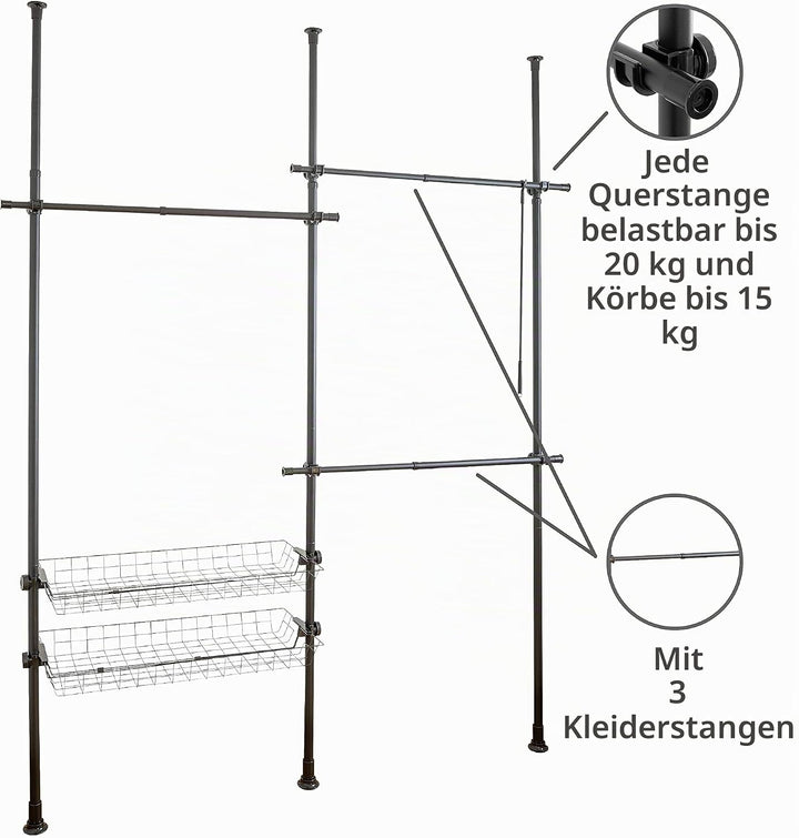 WENKO Teleskop-System Herkules Duo, verstellbares Ordnungssystem, 3 Kleiderstangen &amp; Kleiderstange H