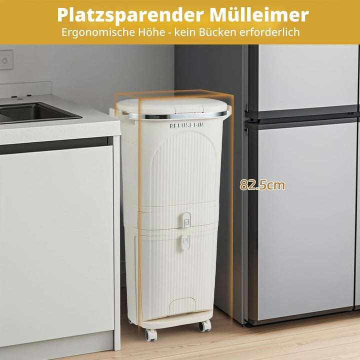 GIANTEX Mülleimer Küche 3 Fächer, 42 L, Abfalleimer mit Rollen, Tretmülleimer mit Schublade, Abfalle