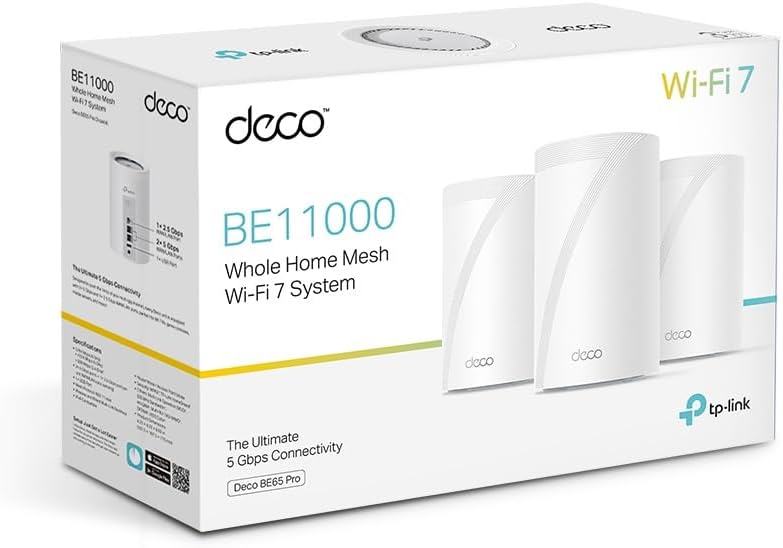 TP-Link Deco BE65 Pro Wi-Fi 7 Mesh WLAN Set(3er-Pack), Tri-Band BE9300 Router & Repeater, 2 × 5G-Por