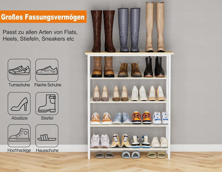 HOMIDEC Schuhregal,5-Ebenen Schuhablage mit Holzbrett als oberstes Regal,Schuhaufbewahrung für 15-20