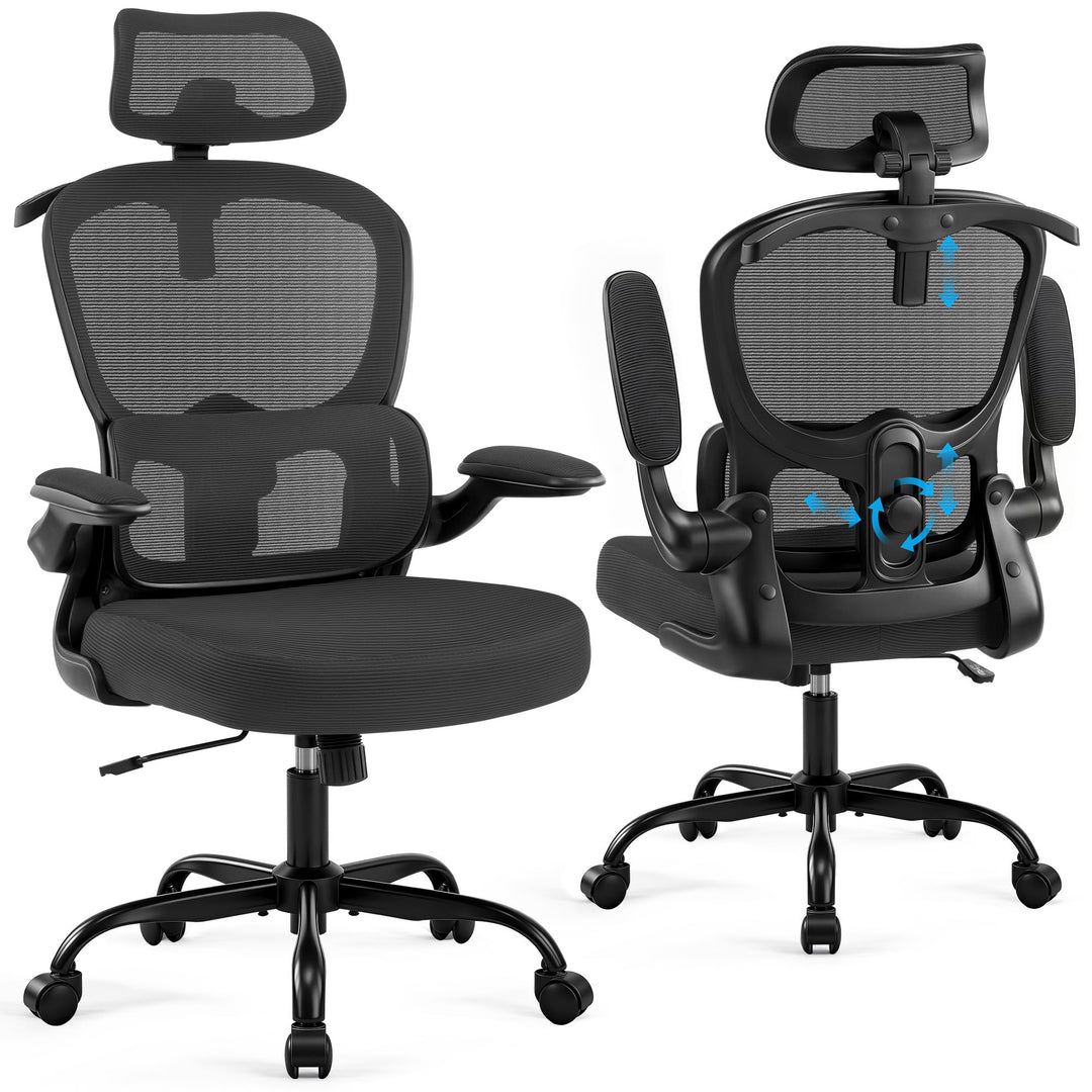 Bürostuhl, Ergonomisch mit Kopfstütze und Verstellbarer Lendenwirbelstütze, Mesh Drehstuhl für Homeo