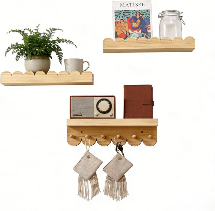 Wandregal Kinderzimmer 3er-Set Massivholz, Montessori Schwebregal 40cm mit sanften Rundungen, Bücher