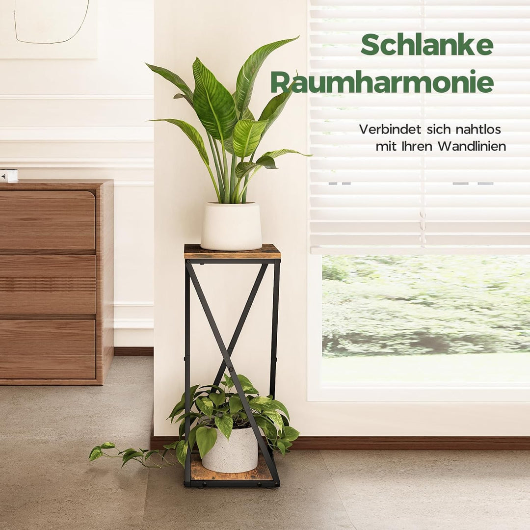 Bamworld Blumenständer Metall mit Holz Ablagen, 2 Ebenen Pflanzenständer im Industrie-Design, Blumen