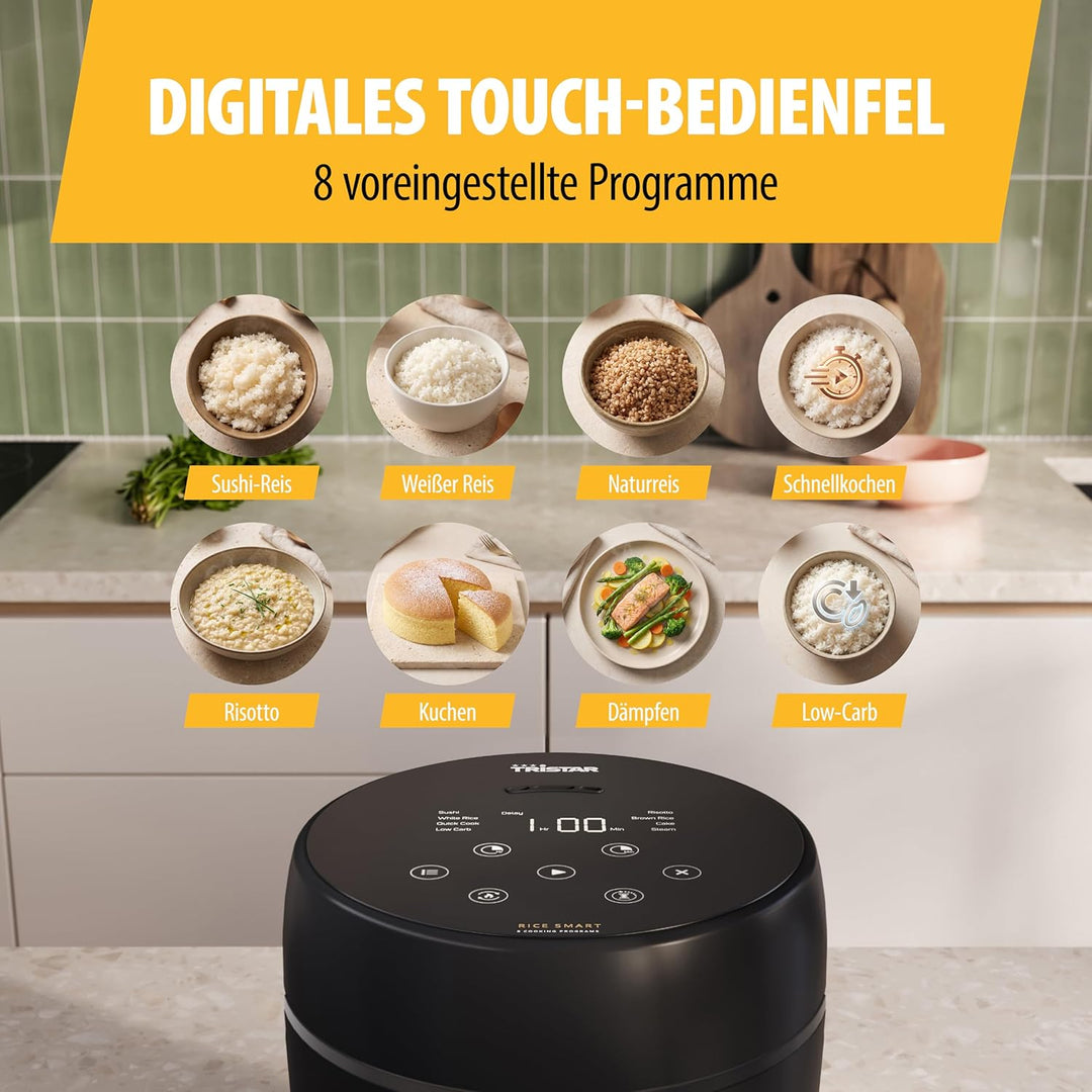 Tristar Digitaler Reiskocher mit Low-Carb-Funktion, 8 Automatikprogramme, 0,6 L Reis Kapazität, Digi