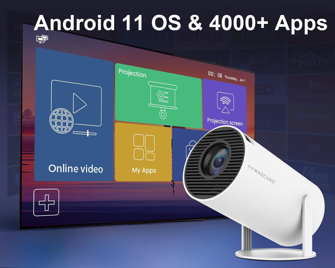 Mini Beamer 4K Unterstützt Android 11, Smart Projector 5G WiFi 6 BT 5.0, Mini Projektor Full HD 1080