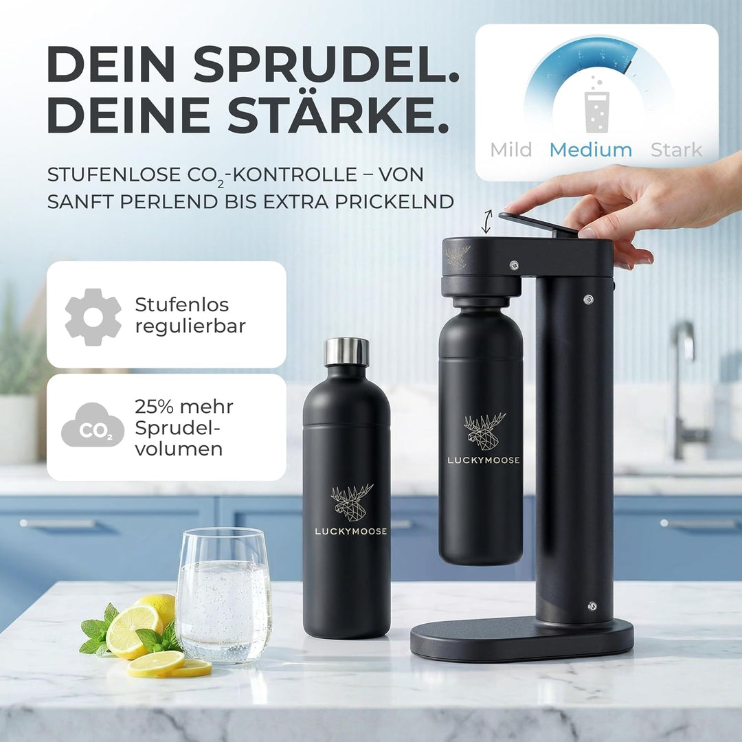 Infinity-S Wassersprudler aus hochwertigem Edelstahl (Black/Black) – inkl. 2x 1,25L Edelstahlflasche