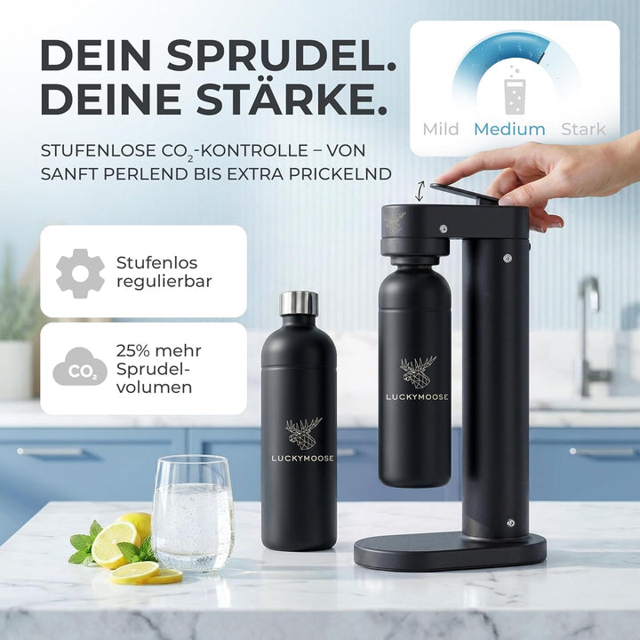 Infinity-S Wassersprudler aus hochwertigem Edelstahl (Black/Black) – inkl. 2x 1,25L Edelstahlflasche