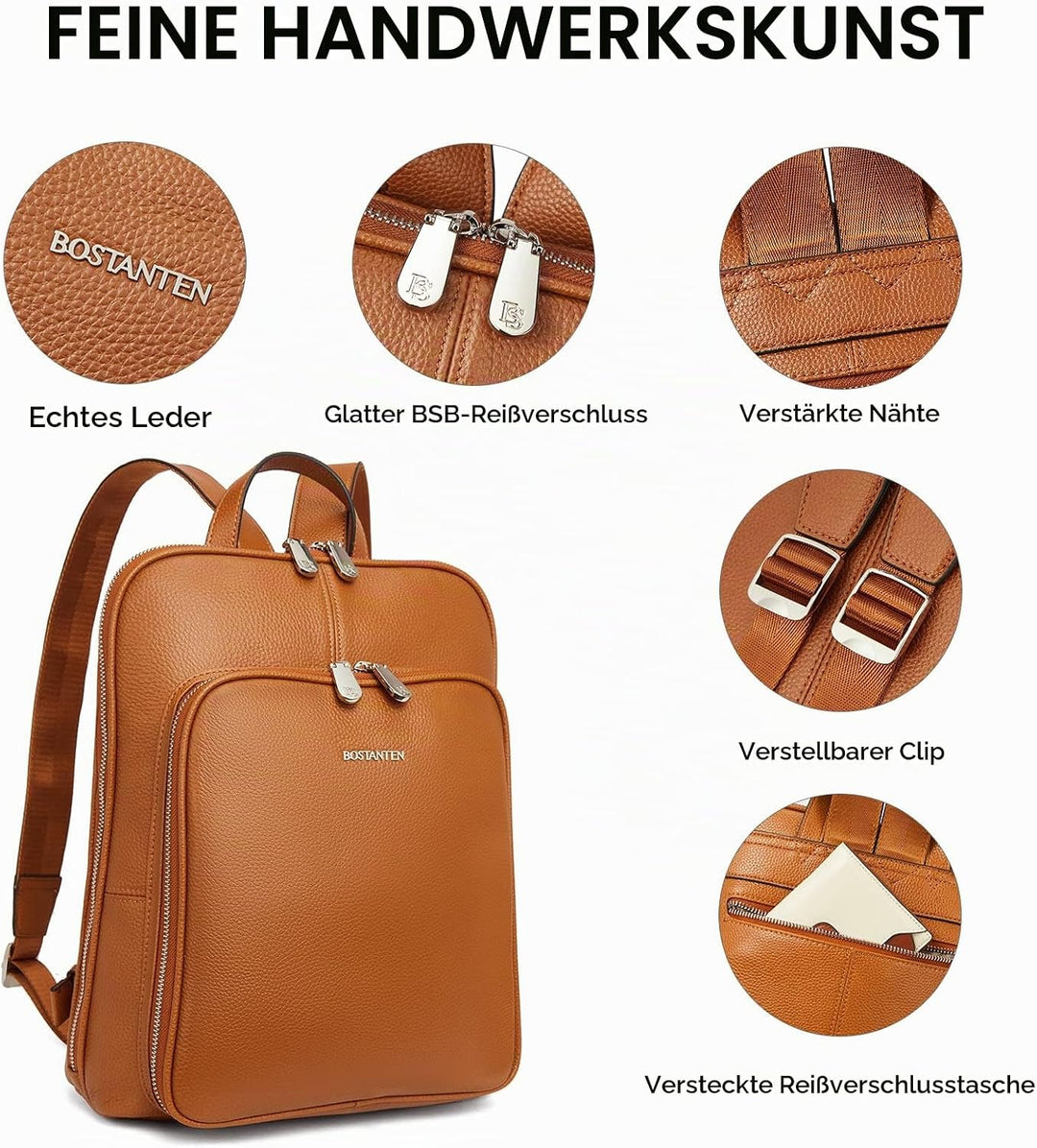 BOSTANTEN Leder Rucksack Damen Reiserucksack Tagesrucksack Casual Backpack Daypacks Braun A-02-braun
