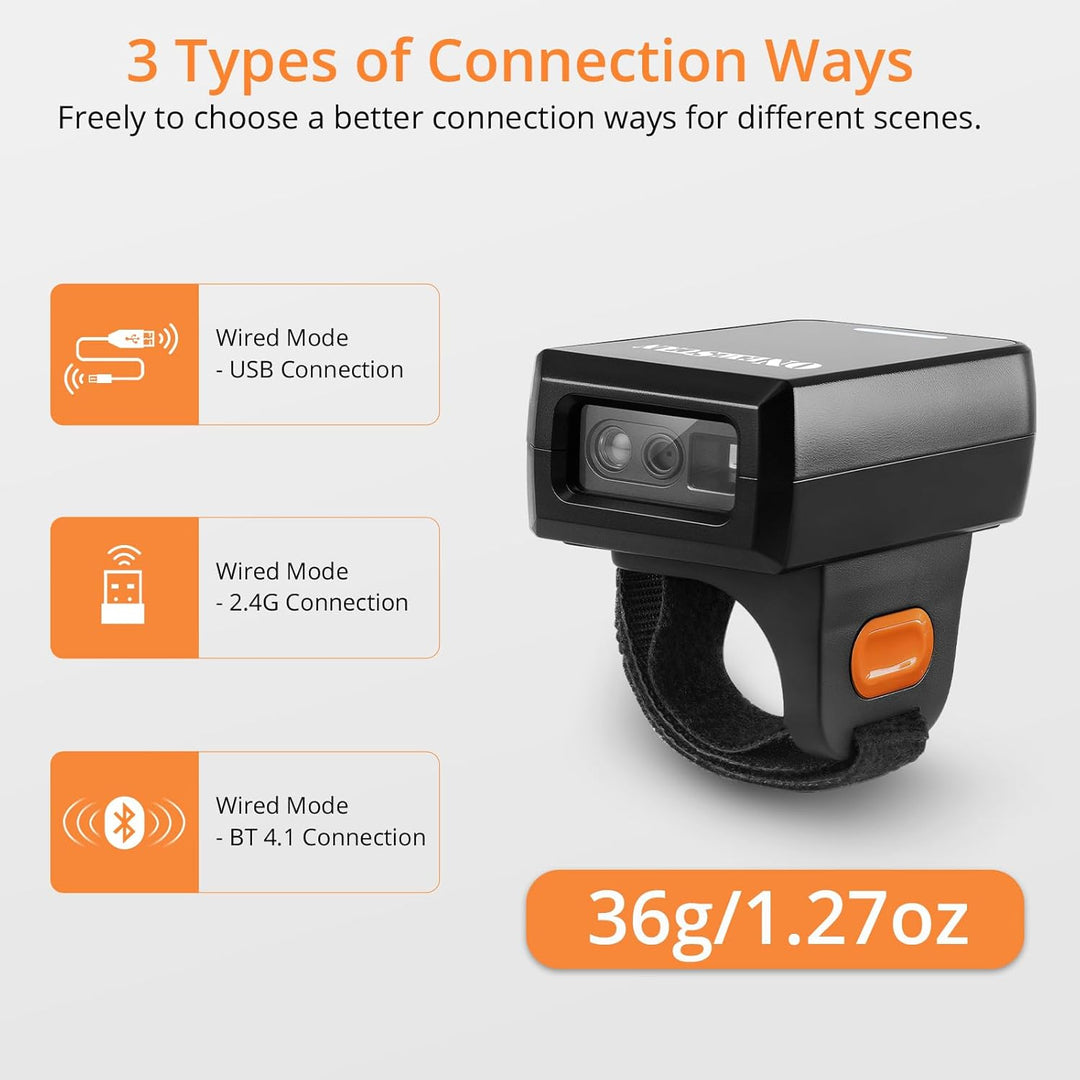 Barcode Scanner, Barcode-Leser 1D 2D QR Mini drahtloser tragbarer Finger-Scanner mit 2,4G drahtloser
