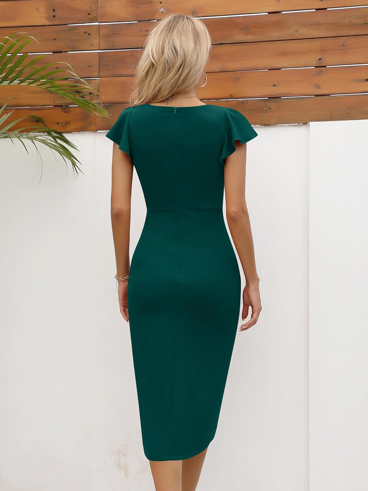 Missufe Damen Cocktailkleid Wickelkleid Partykleid Midikleid Elegant Bodycon Kleider Pfauengrün L, P