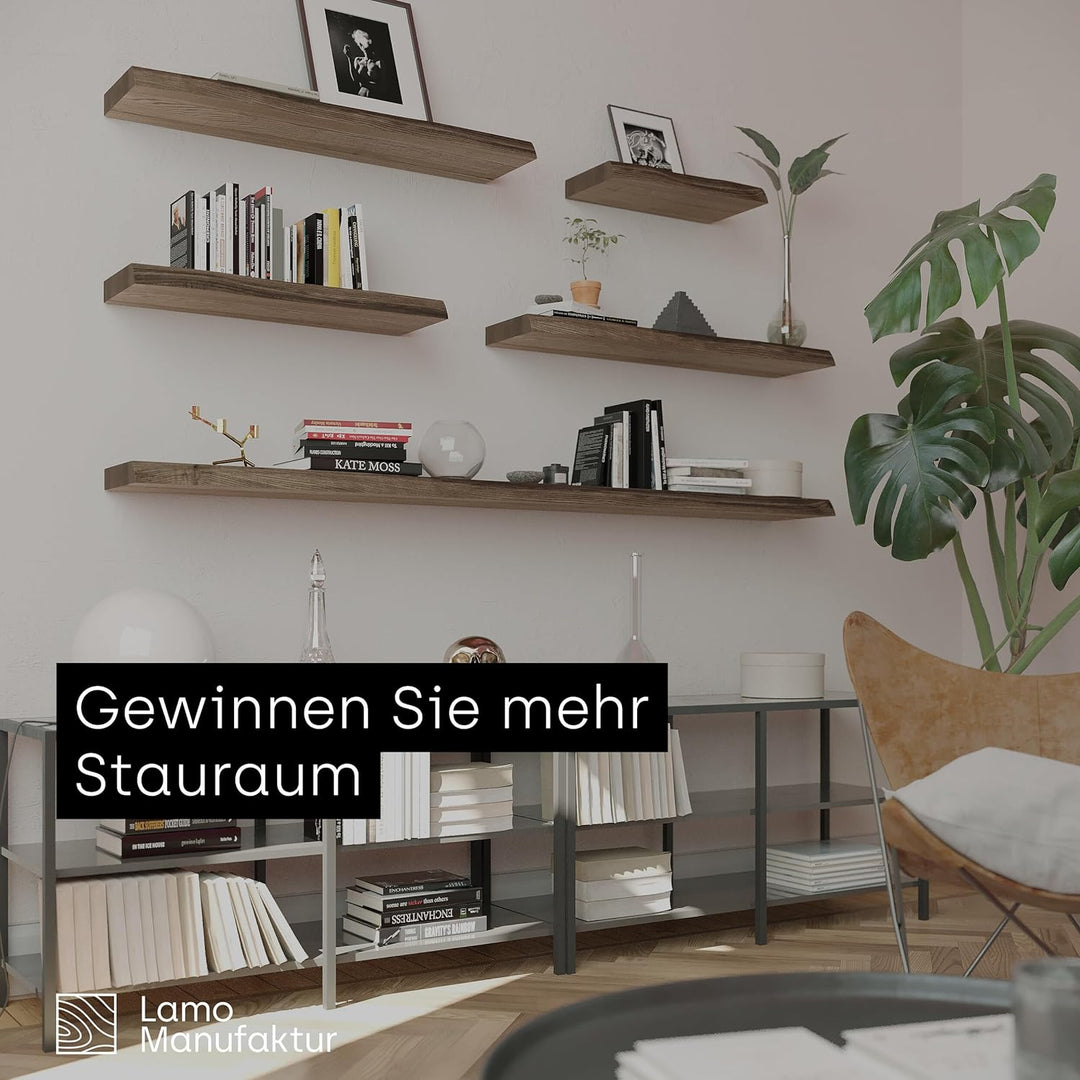 LAMO Manufaktur Wandregal Holz Baumkante | Regal Farbe: Nussbaum | Invisible: Schweberegal | 120 cm