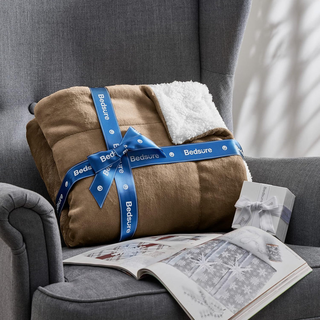 BEDSURE Decke Sofa Kuscheldecke Kamel - warm Sherpa Sofaüberwurf Decke, Dicke Sofadecke Couchdecke,