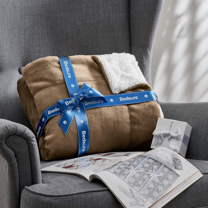 BEDSURE Decke Sofa Kuscheldecke Kamel - warm Sherpa Sofaüberwurf Decke, Dicke Sofadecke Couchdecke,