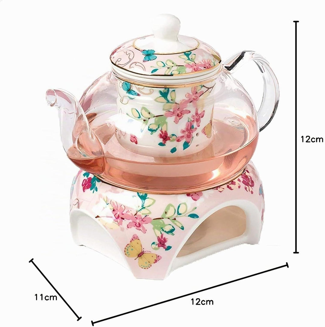 YBK Tech Teekanne mit Stövchen und Teesieb aus feinem Porzellan und Glas (Rosa (Schmetterlingenmuste