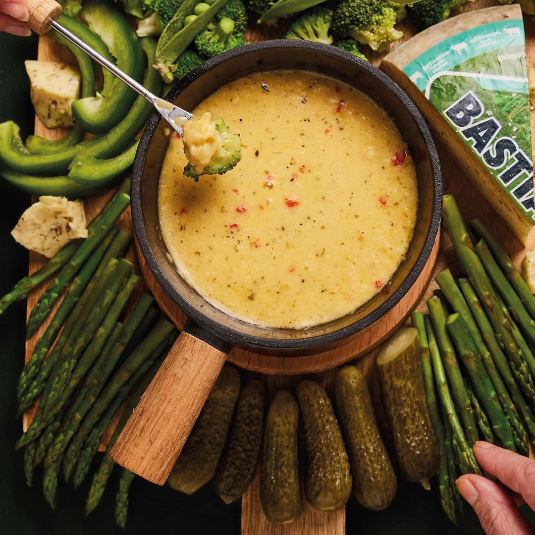 Boska Fondue-Set Pro, für 1 Liter Fonduekäse, 310x212x170 mm Schwarzes Gusseisen mit Holzsockel, Sch