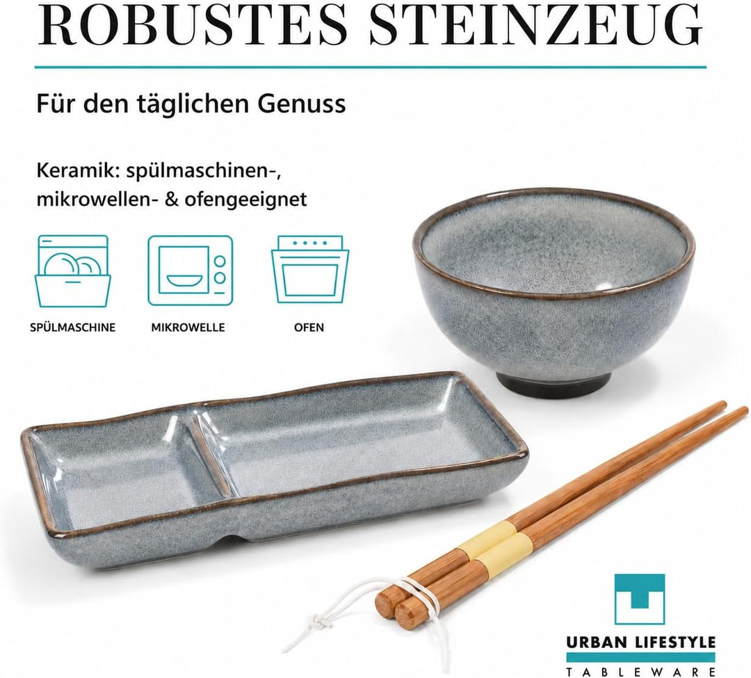 Sushi Geschirr set "Misaki" Graublau für 2 Person, Sushi Set Japanischer Geschirr für Miso Suppe Mak