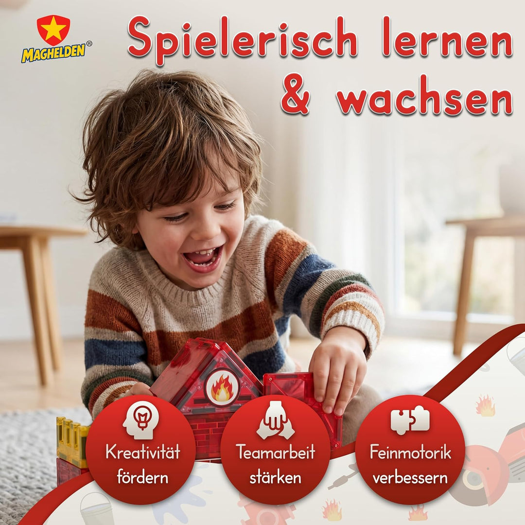 Magnetische Bausteine Feuerwehrstation 70 Teile - Magnetbausteine & Magnetspiel mit integrierten Fig