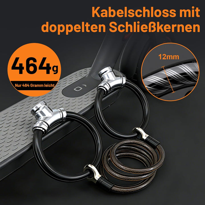 E-Scooter Schloss 120cm Lang/464g Leicht – Doppel-Handschellenschloss mit 2 Schlüsseln – 12mm Extra