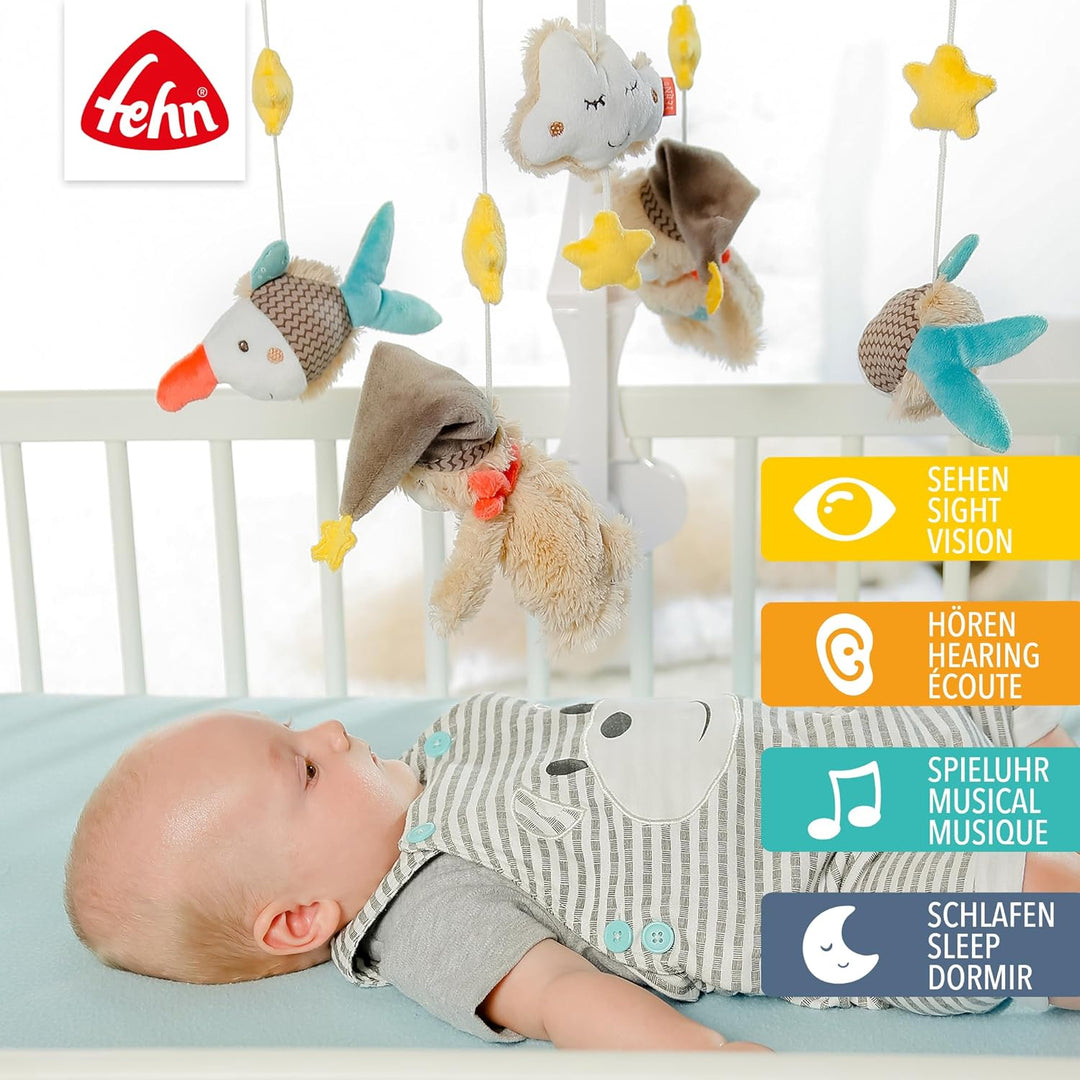 Fehn Musik Mobile Bruno - Baby Einschlafhilfe Musikspielzeug mit süssen Tieren &amp; Activity Spirale Bi