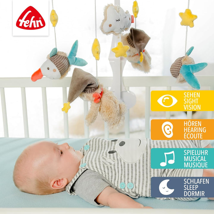 Fehn Musik Mobile Bruno - Baby Einschlafhilfe Musikspielzeug mit süssen Tieren &amp; Activity Spirale Bi