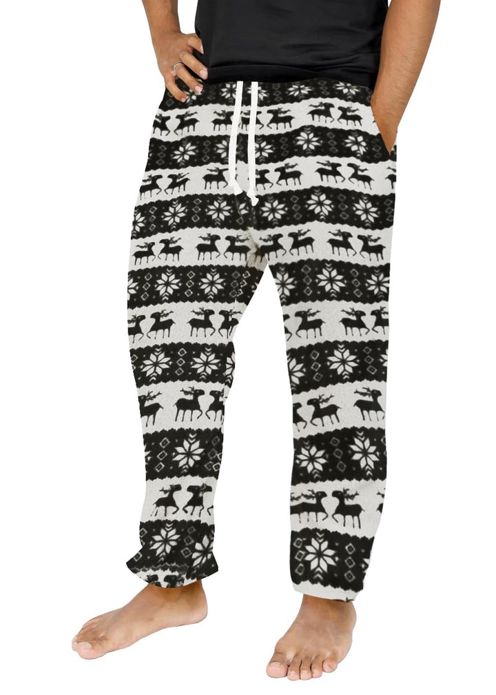 Runcati Schlafanzughose Herren Lang Fleece Warm Weihnachts Rentier Hose Freizeithose mit Taschen und