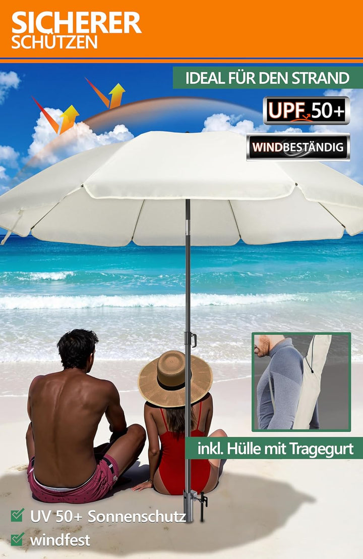4smile Sonnenschirm Strand 3-IN-1-SET, Ø180 cm Strandschirm windfest stabil + Schutzhülle + Eindrehb