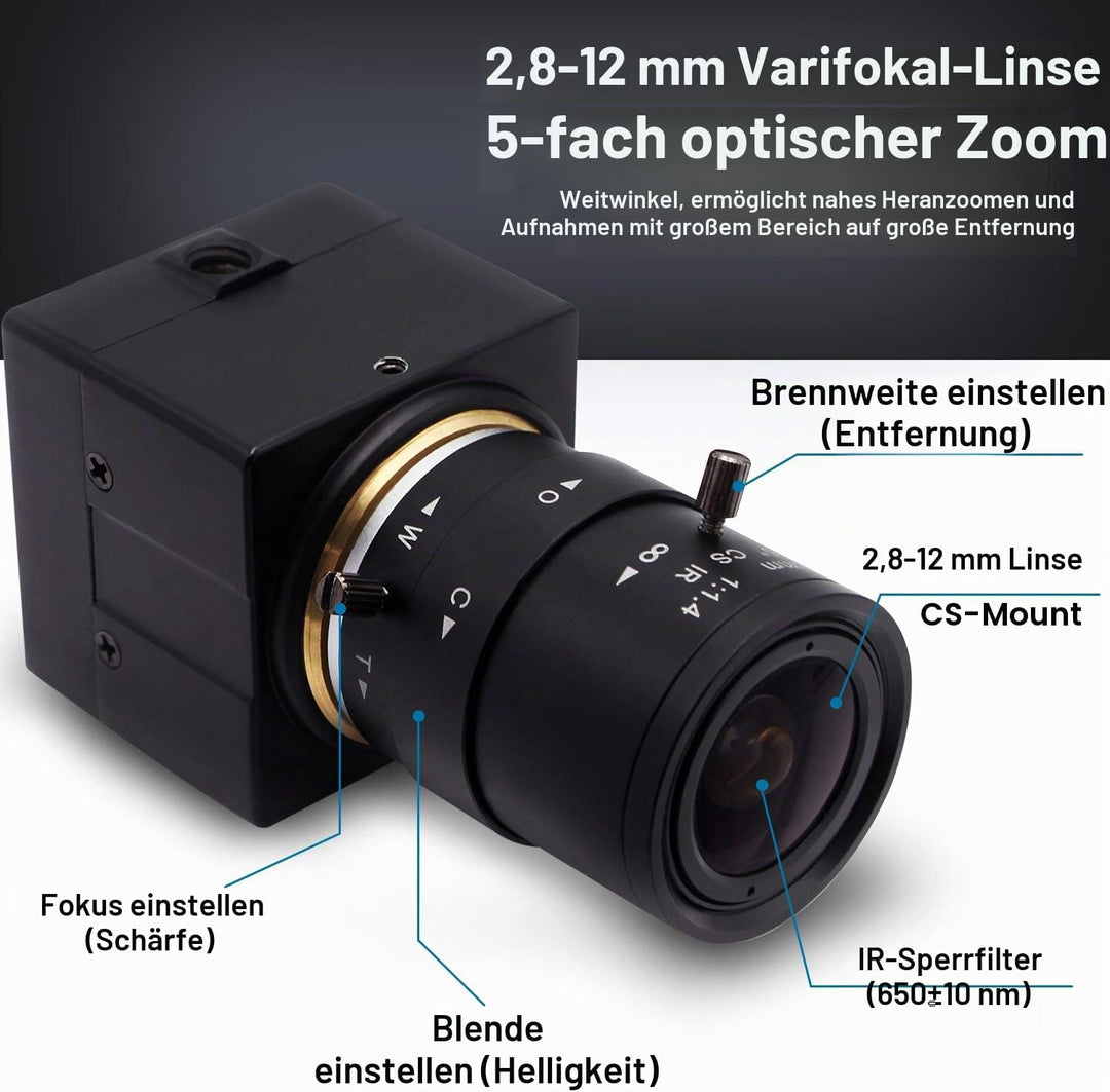 Svpro 5 MP USB-Kamera mit Zoom 2,8-12 mm Objektiv, Hochauflösende 2952 x 1944 Weitwinkel-Webcam Bren