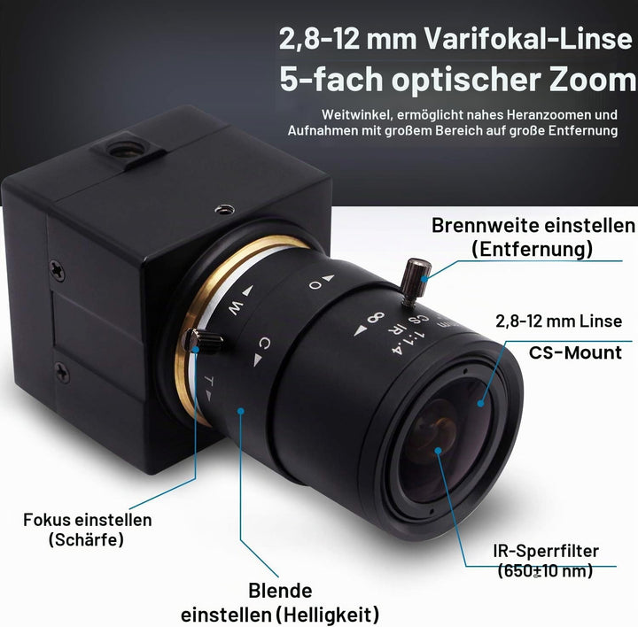 Svpro 5 MP USB-Kamera mit Zoom 2,8-12 mm Objektiv, Hochauflösende 2952 x 1944 Weitwinkel-Webcam Bren