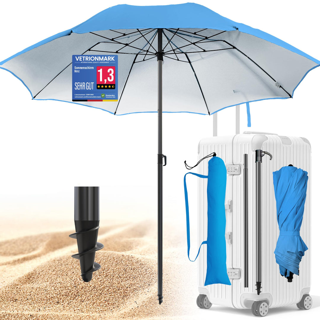 4smile Sonnenschirm Strand Ø 160 cm - UPF 50+ Praktischer Reise Sonnenschirm für Koffer - Funktionel