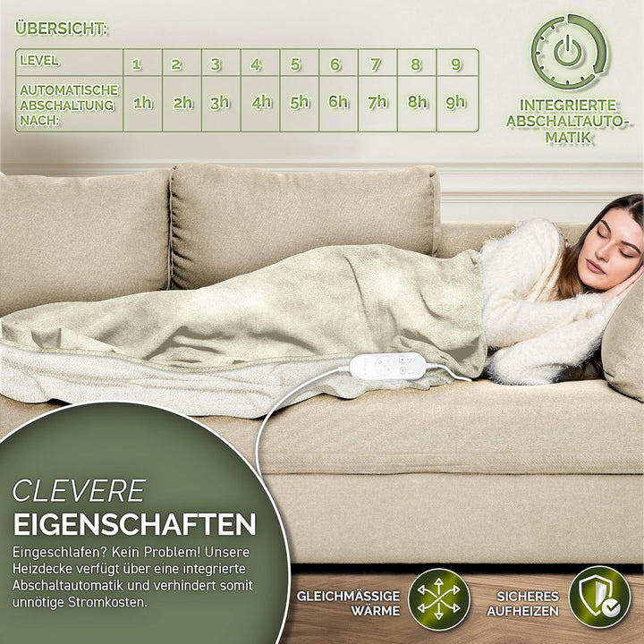 Heizdecke mit Abschaltautomatik 200 x 180 cm | Elektrische Wärmedecke mit 9 Temperaturstufen | Kusch