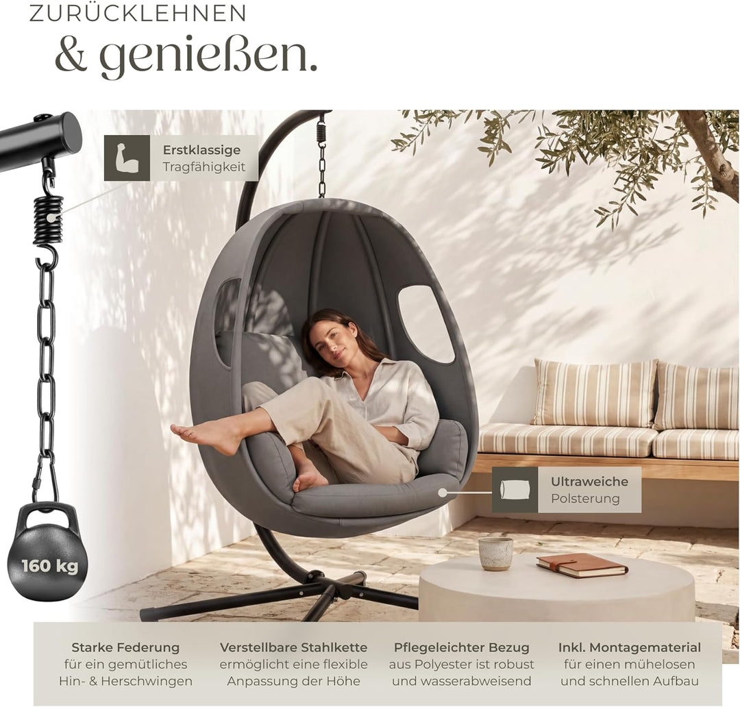 tectake® Hängesessel mit Gestell, Indoor oder Outdoor, Schaukel Sessel mit Kissen + Rückenkissen, Sc