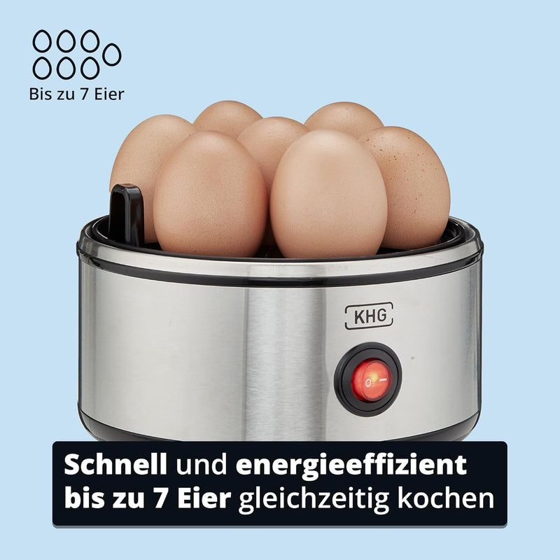 KHG Eierkocher Edelstahl Modern | 1 Ei - 7 Eier | Messbecher mit Eipick | 380 Watt Edelstahlheizplat