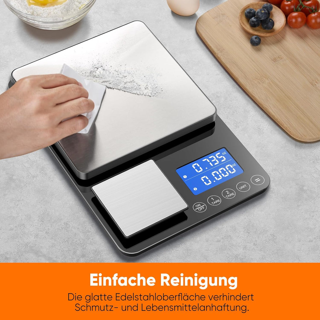 BRICH Digitale Küchenwaage mit Dual-Plattform, 15kg/1g & 500g/0.01g Präzisionswaage mit Tara- & Summ