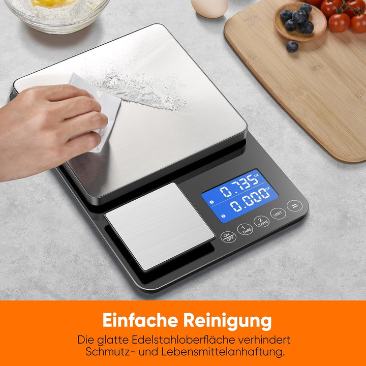 BRICH Digitale Küchenwaage mit Dual-Plattform, 15kg/1g & 500g/0.01g Präzisionswaage mit Tara- & Summ