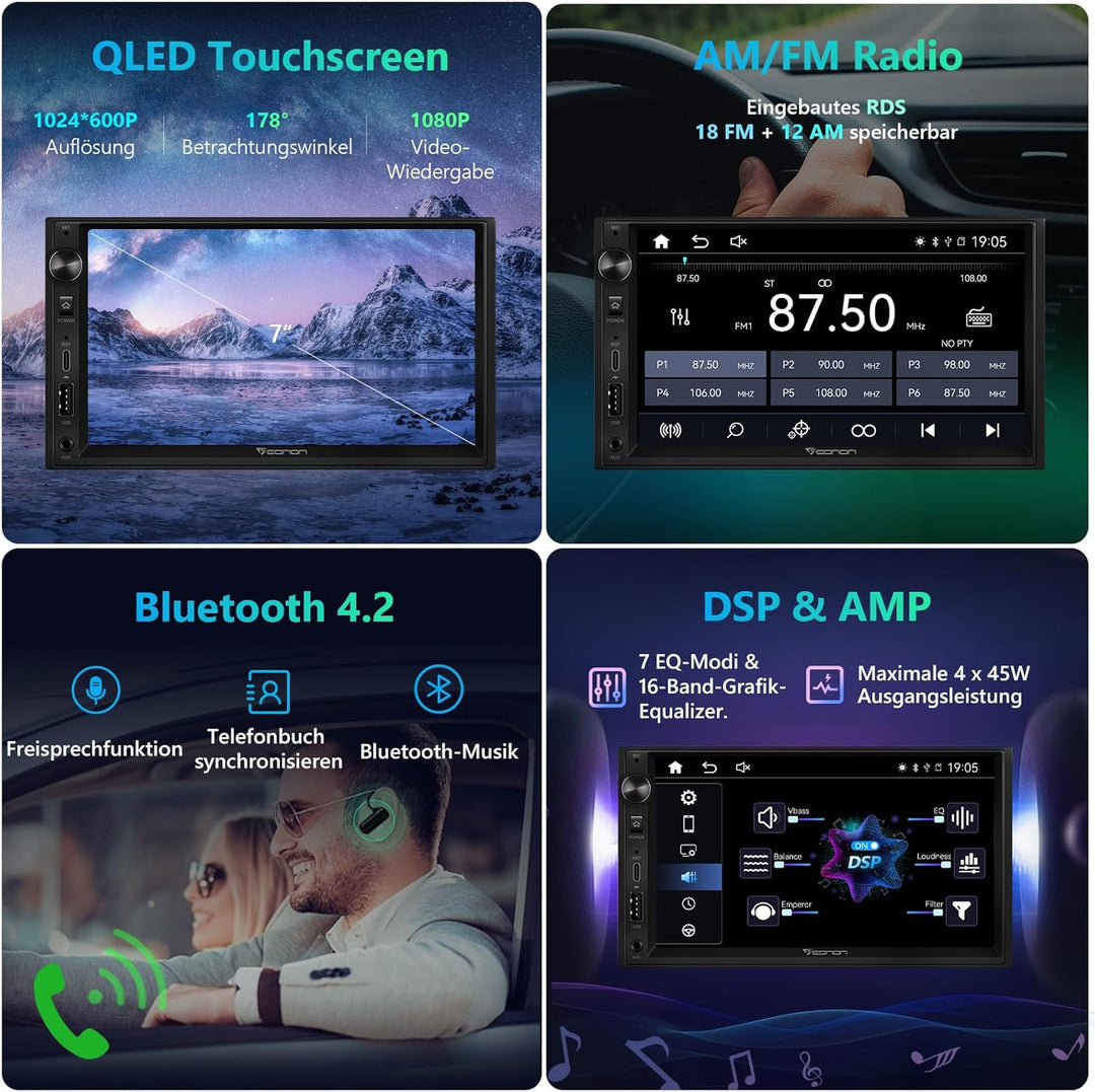 Eonon 7 Zoll Linux Doppel-Din-Autoradio, kabellos, CarPlay, Android Auto, Schnellladung, USB, DSP, B