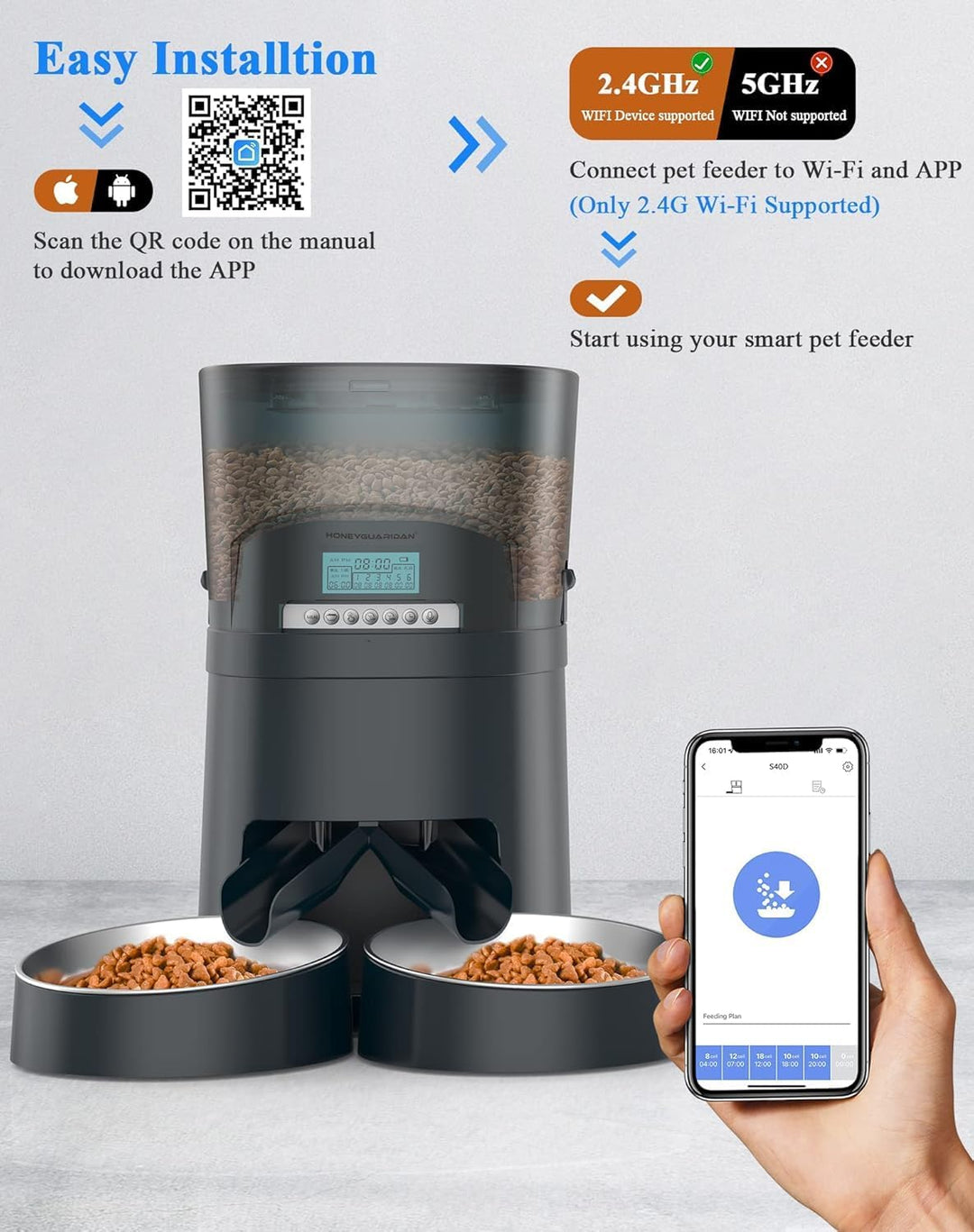 HoneyGuaridan Futterautomat Katze App Gesteuert mit 2 Näpfe, 4.5L Katzen Futterautomaten mit Timer,