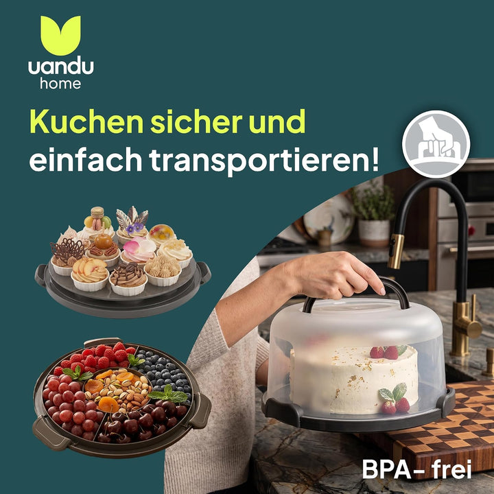 uandu Kuchen Transportbox rund, Tortentransportbox mit Haube und Griff. Box mit Deckel, Aufbewahrung