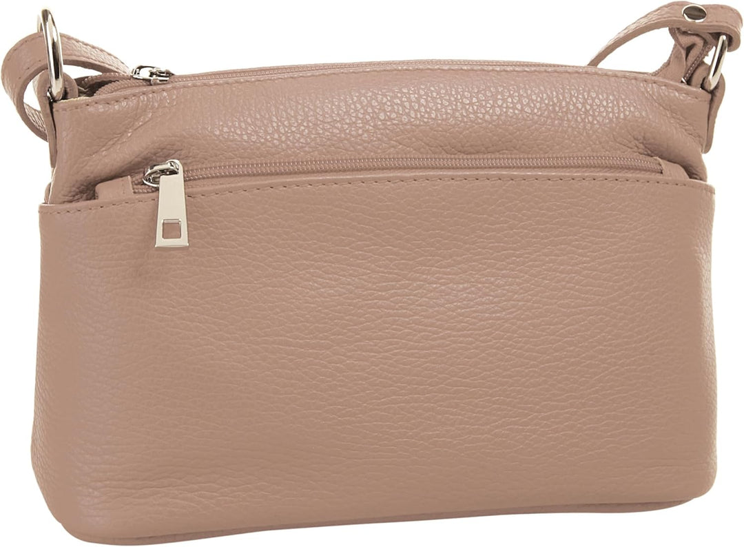 Umhängetasche Echt Leder Damen Made in Italy, Crossbody Bag, Messenger Bag mit Reissverschluss, Schu