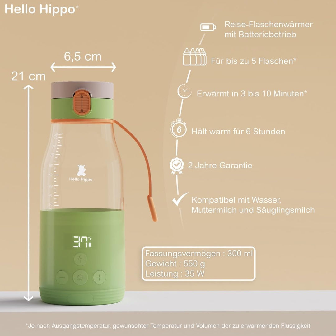 HELLO HIPPO® Tragbarer Babyflaschenwärmer – Mobiler Flaschenwärmer mit USB-Ladefunktion – 280 ml – E