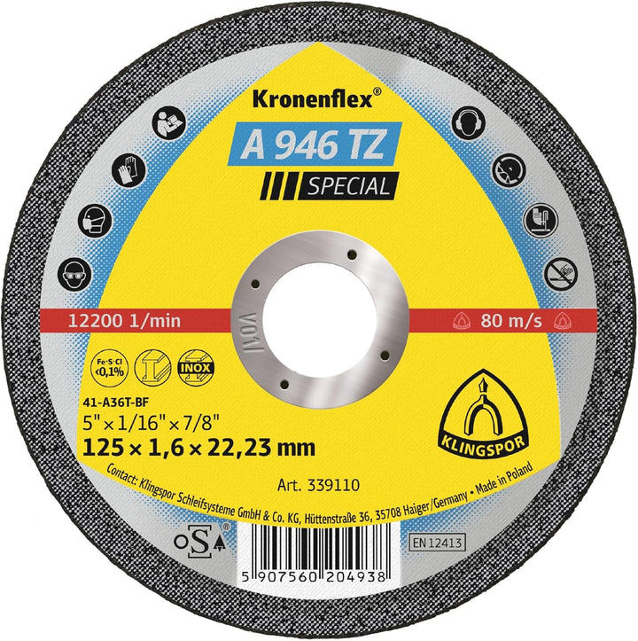 Klingspor 339110 A 946 TZ SPECIAL, Trennscheibe, Spezial, Verpackungseinheit 25, 125X1,6X22,23, H, 2